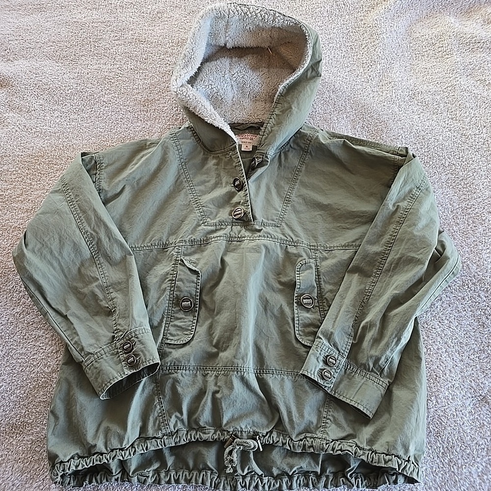 Mossimo Green Canvas Pullover Jacket Coat Sherpa‎ Lined Hood Drawstring SzXL Y2K